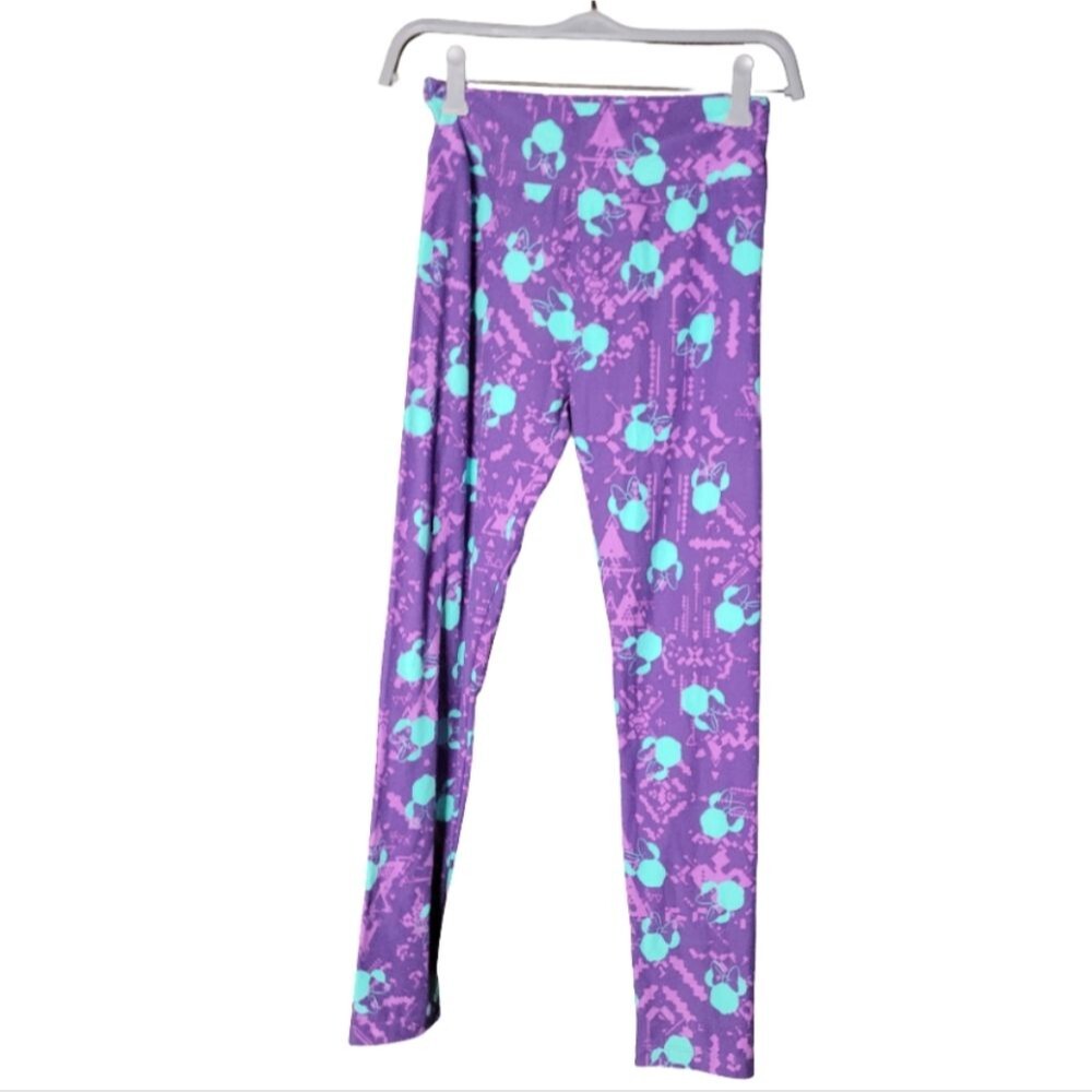 LuLaRoe One Size Leggings Purple Disney Mickey Mouse Print 26” Inseam 10” Rise